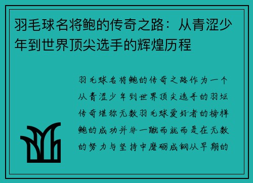 羽毛球名将鲍的传奇之路：从青涩少年到世界顶尖选手的辉煌历程