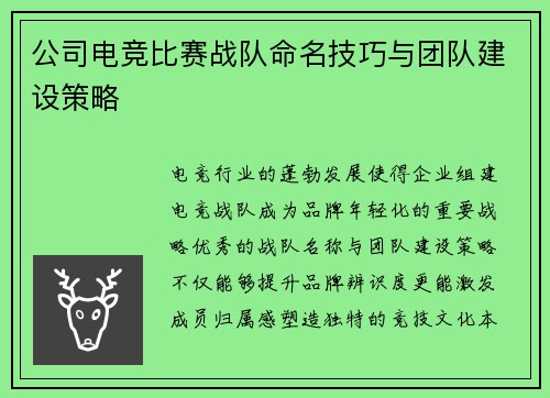 公司电竞比赛战队命名技巧与团队建设策略