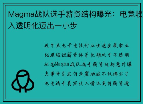 Magma战队选手薪资结构曝光：电竞收入透明化迈出一小步
