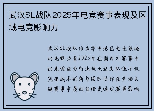 武汉SL战队2025年电竞赛事表现及区域电竞影响力